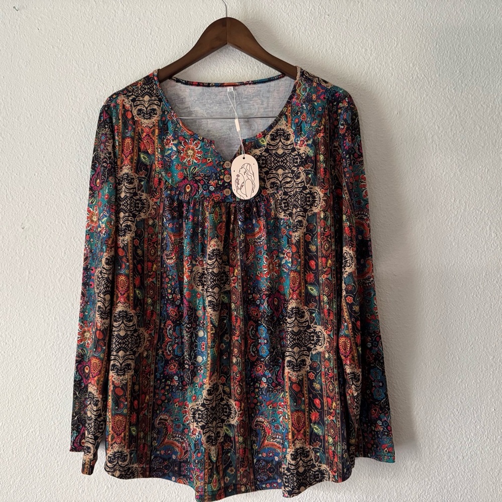 Bohemian Paisley Floral Print Henley Tunic Blouse Plus Size XXL NWT - Picture 13 of 14